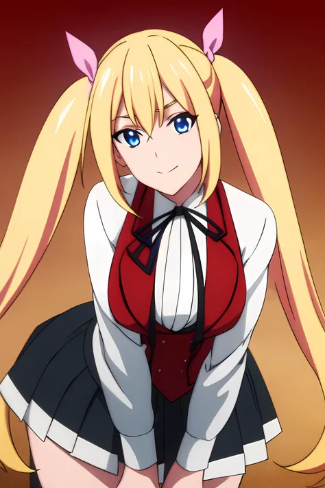 ((masterpiece, best quality)),1girl,standing,claris cleveland, blonde_hair, blue_eyes,twintails, lack_skirt, blue_hair, (black bow)BREAK, breasts, cowboy_shot, long_sleeves, looking_at_viewer, pleated_skirt,red_jacket,((red_vest)), ribbon, school_uniform, shirt, skirt, solo,white_shirt smile, solo,,extremely detailed CG unity 8k wallpaper, perfect lighting,Colorful, Bright_Front_face_Lighting,White skin, (masterpiece:1.0),(best_quality:1.0), ultra high res,4K,ultra-detailed, photography, 8K, HDR, highres, absurdres:1.2, Kodak portra 400, film grain, blurry background, bokeh:1.2, lens flare, (vibrant_color:1.2),professional photograph,(Beautiful,medium_Breasts), (beautiful_face:1.5),(narrow_waist),Beautiful Finger,Beautiful long legs,Beautiful body,Beautiful Nose,Beautiful character design, perfect face,perfect balance,