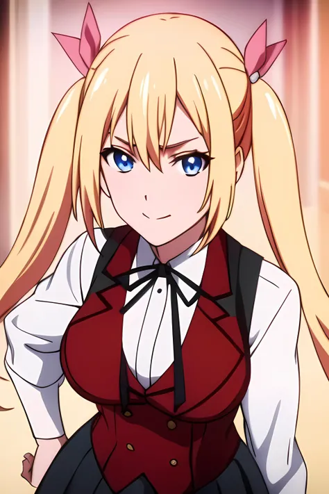 ((masterpiece, best quality)),1girl,standing,claris cleveland, blonde_hair, blue_eyes,twintails, lack_skirt, blue_hair, (black bow)BREAK, breasts, cowboy_shot, long_sleeves, looking_at_viewer, pleated_skirt,(red_jacket),(red_vest:1.3)BREAK, ribbon, school_uniform, shirt, skirt, solo,white_shirt smile, solo,,extremely detailed CG unity 8k wallpaper, perfect lighting,Colorful, Bright_Front_face_Lighting,White skin, (masterpiece:1.0),(best_quality:1.0), ultra high res,4K,ultra-detailed, photography, 8K, HDR, highres, absurdres:1.2, Kodak portra 400, film grain, blurry background, bokeh:1.2, lens flare, (vibrant_color:1.2),professional photograph,(Beautiful,medium_Breasts), (beautiful_face:1.5),(narrow_waist),Beautiful Finger,Beautiful long legs,Beautiful body,Beautiful Nose,Beautiful character design, perfect face,perfect balance,