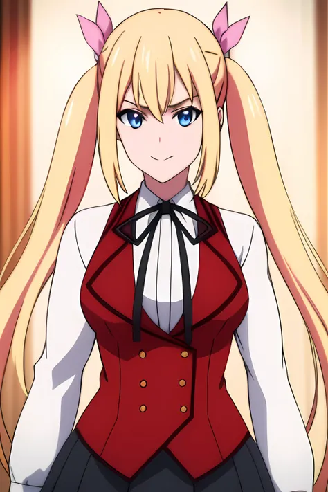 ((masterpiece, best quality)),1girl,standing,claris cleveland, blonde_hair, blue_eyes,twintails, lack_skirt, blue_hair, (black bow)BREAK, breasts, cowboy_shot, long_sleeves, looking_at_viewer, pleated_skirt,red_jacket,((red_vest)), ribbon, school_uniform, shirt, skirt, solo,white_shirt smile, solo,,extremely detailed CG unity 8k wallpaper, perfect lighting,Colorful, Bright_Front_face_Lighting,White skin, (masterpiece:1.0),(best_quality:1.0), ultra high res,4K,ultra-detailed, photography, 8K, HDR, highres, absurdres:1.2, Kodak portra 400, film grain, blurry background, bokeh:1.2, lens flare, (vibrant_color:1.2),professional photograph,(Beautiful,medium_Breasts), (beautiful_face:1.5),(narrow_waist),Beautiful Finger,Beautiful long legs,Beautiful body,Beautiful Nose,Beautiful character design, perfect face,perfect balance,