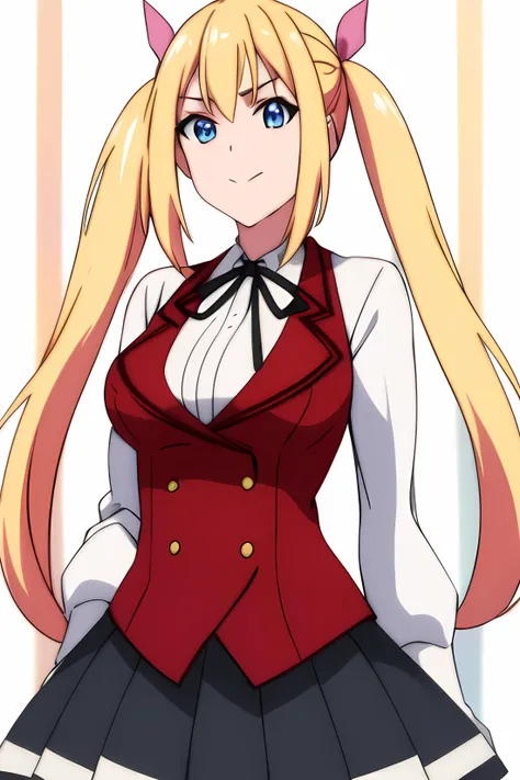 ((masterpiece, best quality)),1girl,standing,claris cleveland, blonde_hair, blue_eyes,twintails, lack_skirt, blue_hair, (black bow)BREAK, breasts, cowboy_shot, long_sleeves, looking_at_viewer, pleated_skirt,red_jacket,((red_vest)), ribbon, school_uniform, shirt, skirt, solo,white_shirt smile, solo,,extremely detailed CG unity 8k wallpaper, perfect lighting,Colorful, Bright_Front_face_Lighting,White skin, (masterpiece:1.0),(best_quality:1.0), ultra high res,4K,ultra-detailed, photography, 8K, HDR, highres, absurdres:1.2, Kodak portra 400, film grain, blurry background, bokeh:1.2, lens flare, (vibrant_color:1.2),professional photograph,(Beautiful,medium_Breasts), (beautiful_face:1.5),(narrow_waist),Beautiful Finger,Beautiful long legs,Beautiful body,Beautiful Nose,Beautiful character design, perfect face,perfect balance,