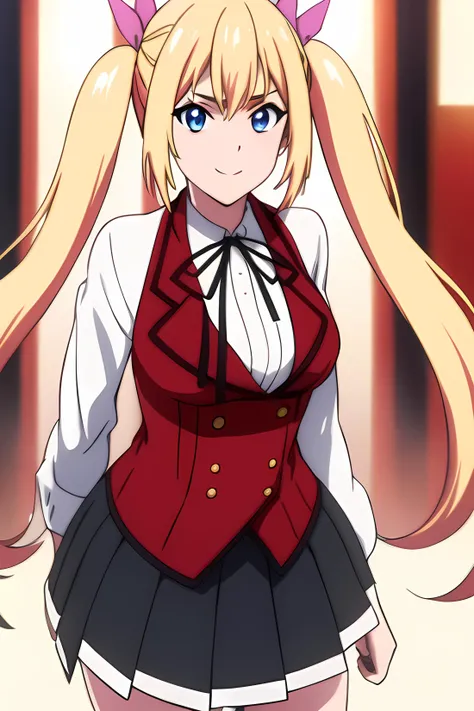 ((masterpiece, best quality)),1girl,standing,claris cleveland, blonde_hair, blue_eyes,twintails, lack_skirt, blue_hair, (black bow)BREAK, breasts, cowboy_shot, long_sleeves, looking_at_viewer, pleated_skirt,red_jacket,((red_vest)), ribbon, school_uniform, shirt, skirt, solo,white_shirt smile, solo,,extremely detailed CG unity 8k wallpaper, perfect lighting,Colorful, Bright_Front_face_Lighting,White skin, (masterpiece:1.0),(best_quality:1.0), ultra high res,4K,ultra-detailed, photography, 8K, HDR, highres, absurdres:1.2, Kodak portra 400, film grain, blurry background, bokeh:1.2, lens flare, (vibrant_color:1.2),professional photograph,(Beautiful,medium_Breasts), (beautiful_face:1.5),(narrow_waist),Beautiful Finger,Beautiful long legs,Beautiful body,Beautiful Nose,Beautiful character design, perfect face,perfect balance,