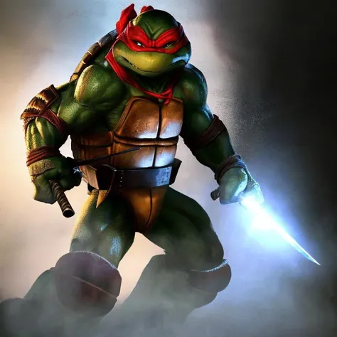 <lora:TMNTRaphael-10:0.8>(RAW photo, real life, absurdres, high quality, photorealistic, detailed, realistic:1.3), (solo:1.3), a high resolution photo of a TMNTRaphael, illustration, a teenage mutant ninja turtle with a red bandana mask with eye-holes
holding sai dagger weapons in each hand, standing in a dark room with a light shining on him, fight stance pose, cinematic, atmospheric, 8k, realistic lighting, shot by Hassleblad H6D, Zeiss, Kodachrome, nikon, 50mm 1.2 lens, Octane Render, ultra realistic, realistic lighting, photorealistic, photorealism, photoreal, unreal engine 5, Adobe After FX, highly detailed, intricate detail