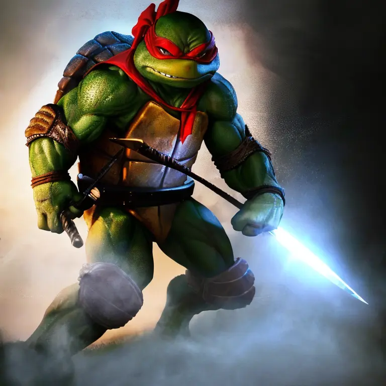 <lora:TMNTRaphael-10:0.8>(RAW photo, real life, absurdres, high quality, photorealistic, detailed, realistic:1.3), (solo:1.3), a high resolution photo of a TMNTRaphael, illustration, a teenage mutant ninja turtle with a red bandana mask with eye-holes
holding sai dagger weapons in each hand, standing in a dark room with a light shining on him, fight stance pose, cinematic, atmospheric, 8k, realistic lighting, shot by Hassleblad H6D, Zeiss, Kodachrome, nikon, 50mm 1.2 lens, Octane Render, ultra realistic, realistic lighting, photorealistic, photorealism, photoreal, unreal engine 5, Adobe After FX, highly detailed, intricate detail