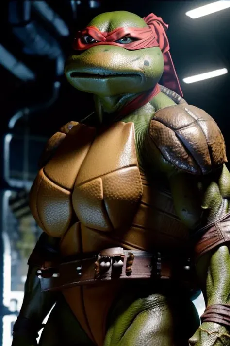 <lora:90sTMNTRaphael_v10Alpha:0.9>(RAW photo, real life, absurdres, high quality, photorealistic, detailed, realistic:1.3),(female solo:1.2,muscular female),a high resolution photo of a (TMNTRaphael),a teenage mutant ninja turtle with a red bandana mask with eye-holes,(bandana covers upper head),(pov from below),(front view,full body view:1.1),standing,(looking at viewer),hands on hips,intimidating,powerful,feminine face,(boobs behind plastron),nipple bulge on plastron,big muscles,veiny muscles,wet body,visible vagina below plastron,pussy juice dripping,in a dark city sewer interior,sewer interior and pipes in background, cinematic, atmospheric, 8k, realistic lighting, shot by Hassleblad H6D, Zeiss, Kodachrome, nikon, 50mm 1.2 lens, Octane Render, ultra realistic, realistic lighting, photorealistic, photorealism, photoreal, unreal engine 5, Adobe After FX, highly detailed, intricate detail,detailed scales,