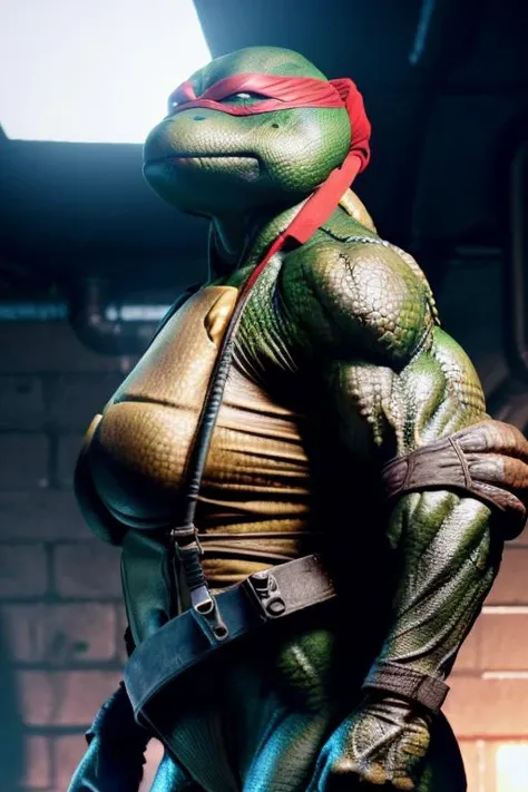 <lora:90sTMNTRaphael_v10Alpha:0.9>(RAW photo, real life, absurdres, high quality, photorealistic, detailed, realistic:1.3),(female solo:1.2,muscular female),a high resolution photo of a (TMNTRaphael),a teenage mutant ninja turtle with a red bandana mask with eye-holes,(bandana covers upper head),(pov from below),(front view,full body view:1.1),standing,(looking at viewer),hands on hips,intimidating,powerful,feminine face,(boobs behind plastron),nipple bulge on plastron,big muscles,veiny muscles,dripping sweat,visible vagina below plastron,pussy juice dripping,in a dark city sewer interior,sewer interior and pipes in background, cinematic, atmospheric, 8k, realistic lighting, shot by Hassleblad H6D, Zeiss, Kodachrome, nikon, 50mm 1.2 lens, Octane Render, ultra realistic, realistic lighting, photorealistic, photorealism, photoreal, unreal engine 5, Adobe After FX, highly detailed, intricate detail,detailed scales,