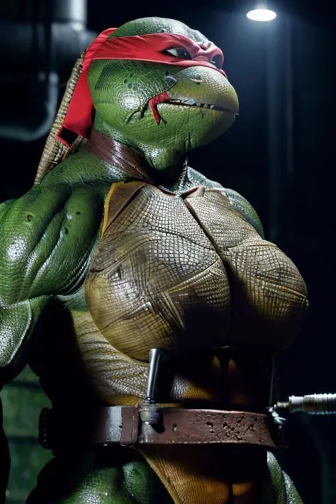 <lora:90sTMNTRaphael_v10Alpha:0.9>(RAW photo, real life, absurdres, high quality, photorealistic, detailed, realistic:1.3),(female solo:1.2),a high resolution photo of a (TMNTRaphael),a teenage mutant ninja turtle with a red bandana mask with eye-holes,bandana covers entire upper head,(full body view:1.1),front view from below,standing,(looking at viewer),hands on hips,intimidating,powerful,feminine face,(boobs behind plastron),nipple bulge on plastron,big muscles,veiny muscles,dripping sweat,visible pussy below front shell,pussy juice dripping,in a dark city sewer interior,sewer interior and pipes in background, cinematic, atmospheric, 8k, realistic lighting, shot by Hassleblad H6D, Zeiss, Kodachrome, nikon, 50mm 1.2 lens, Octane Render, ultra realistic, realistic lighting, photorealistic, photorealism, photoreal, unreal engine 5, Adobe After FX, highly detailed, intricate detail,detailed scales,