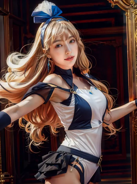 8K,highest quality,Big full moon background night,Beautiful and detailed night sky floating,masutepiece:1.2),(Realistic,Realism:1.37),highest quality,masutepiece,beautiful,A pensive expression,charming、seductive appearance,Cute maid outfit,Hair tied behind the head, blonde,blond,long hair,curls,blue eyes,background, light skin tone,Wearing a pink bunny ears headband,arms raised、armpit、(top down:1.2)