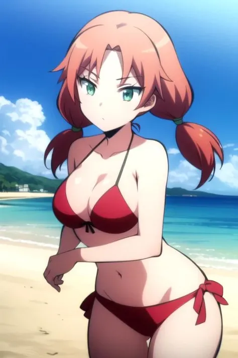 masterpiece, highres, ultra high res, best quality,  1girl, <lora:RinkaHayamiR4:0.7>,RinkaHayamiR4, red hair, green eyes, simple background, twintails, bikini, beach, sky, sunny,