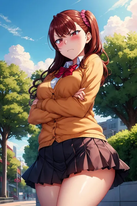 masterpiece, best quality, highly quality , <lora:Nogami_Izumi1:0.7> , IzmNgm-KJ , pink scrunchie , hair scrunchie , side ponytail , cardigan , white shirt , red bow , pleated skirt , black skirt , park background , (blush:1.2) , stading , tree , looking at viewer, crossed arms , angry , disgusted