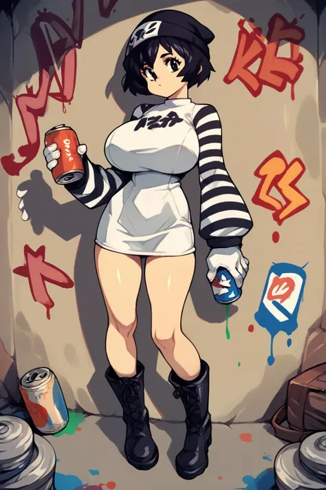 score_9, score_8_up, score_7_up, score_6_up, score_5_up, score_4_up, (source_anime), <lora:[GP] Optionaltypo style [Pony XL]:1.0> 1girl, skinny, pale skin, (huge breasts), 
looking at viewer, short hair, black hair, gloves, long sleeves, dress, holding, standing, boots, striped, white gloves, white dress, short dress, paint splatter, graffiti, striped sleeves, spray can, beanie,