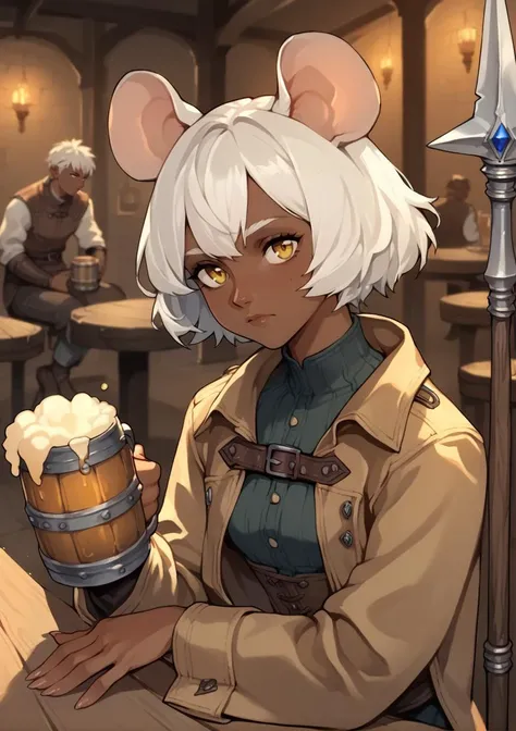<lora:Sierra:0.7> sierra, masterpiece, best quality, 1girl, solo, brown hair, rabbit ears, yellow eyes, brown skin, tavern, medieval maid, beer