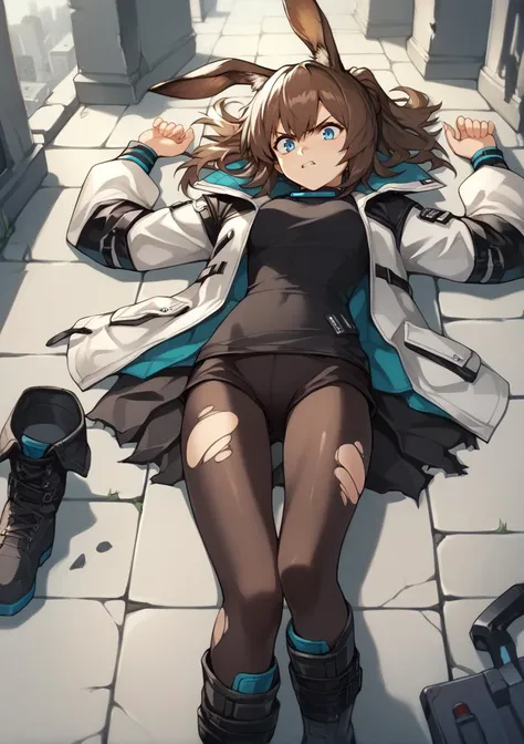 1girl, amiya \(arknights\), brown hair, blue eyes, animal ears, bunny ears, angry, lying, on back, defeat, leggings, boots, jacket, torn clothes, ruins, city, outdoors, pov weapon  <lora:[GP] Optionaltypo style [Pony XL]:1>, score_9, score_8_up, score_7_up, score_6_up, score_5_up, score_4_up, BREAK source_anime, masterpiece