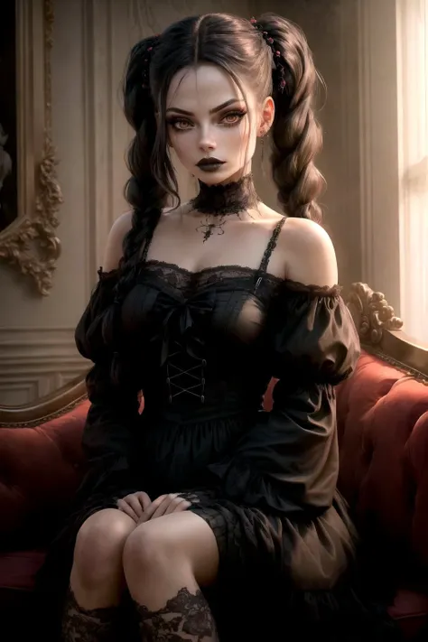 cosplay, spooky, , (hyperdetailed) illustration of JaimeX as a real-life Wednesday Addams, (wearing a sexy gothgal outfit), black lace dress with a high white collar, pale skin, goth makeup, black hair parted down the middle, braided twintails, arms crossed, neutral expression, one arched eyebrow, (photorealistic:1.3), (detailed realistic skin:1.3), (detailed face and eyes), (masterpiece:1.5), (best quality:1.4), closeup, volumetric dim lighting, muted colors, parlor of a haunted house background,