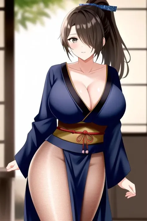 <lora:kageroFireEmblem_softerVersionKageroFire:0.5>, ponytail, hair over one eye, large breasts, kimono, cleavage, fishnets, thick thighs, cowboy shot, [simple background], standing, (bokeh), (F1.8:1.2)