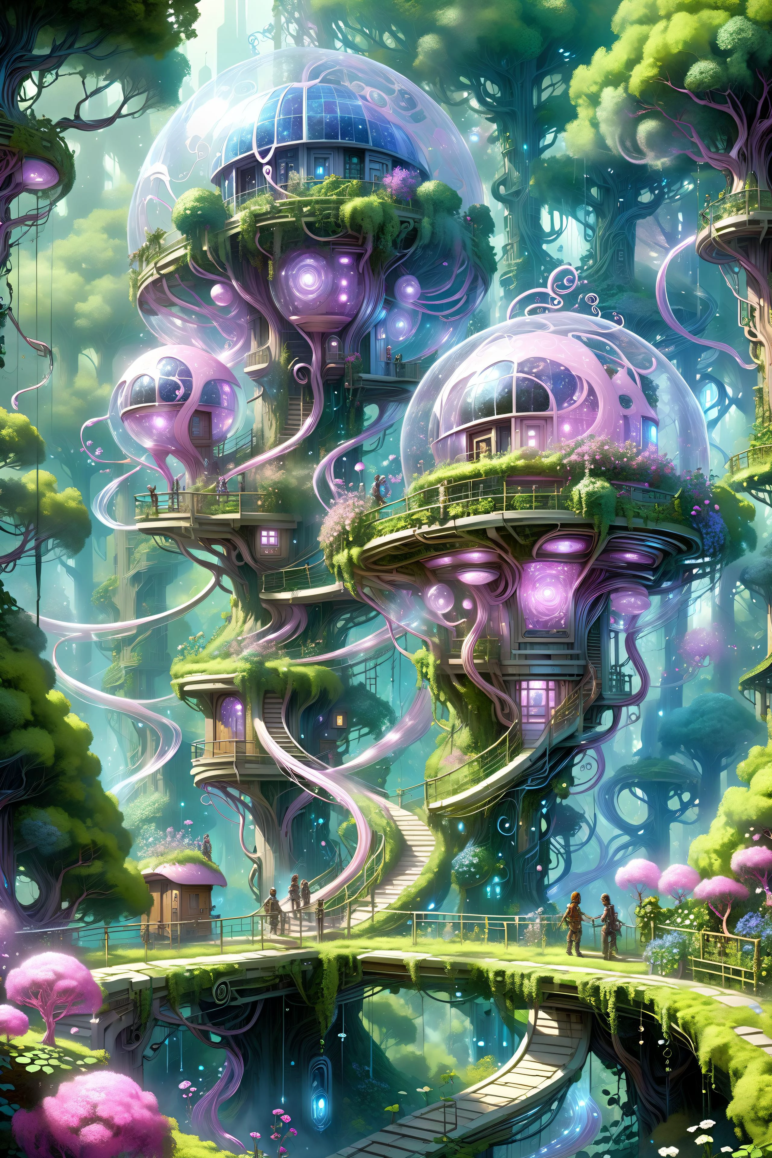 (floating_translucent_arcane_swirls:1.2), mist, blue_magic_glow, dense forest, villeage, futuristic tree houses, solar-punk, people doing chores, , bush, flowers, ivy, vines, <lora:add-detail-xl:1> misc, <lora:Elemental Wisps:0.7> DonMW15pXL <lora:EnvyBiophilicXL01:0.8> <lora:Retro_Illustration:1> 2d game scene, oil and watercolor painting, (masterpiece:1.2), best quality, (hyperdetailed, highest detailed:1.2), high resolution textures, <lora:EnvyBetterHiresFixXL01:1>