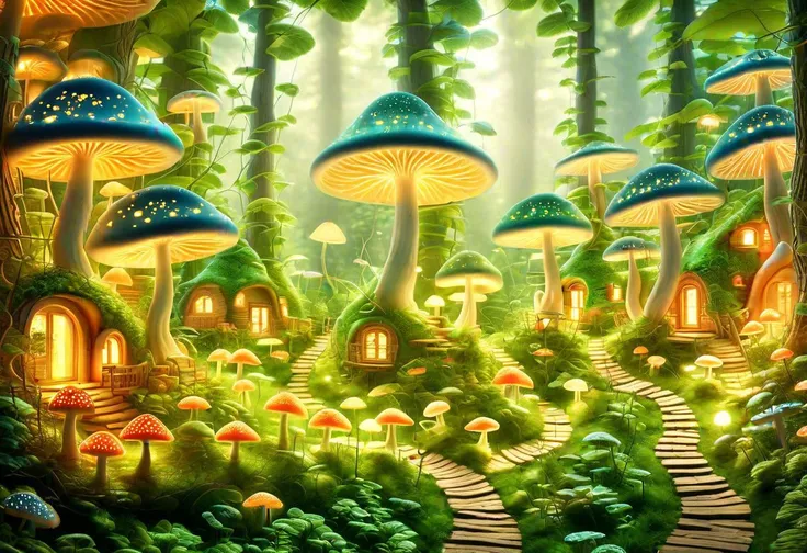 Cute fairies, in a village of tiny mushroom-houses, in a forest, volumetric light, ((((Ultra-HD-photo-same-realistic-quality-details)))), ((panoramic view)), intricate details