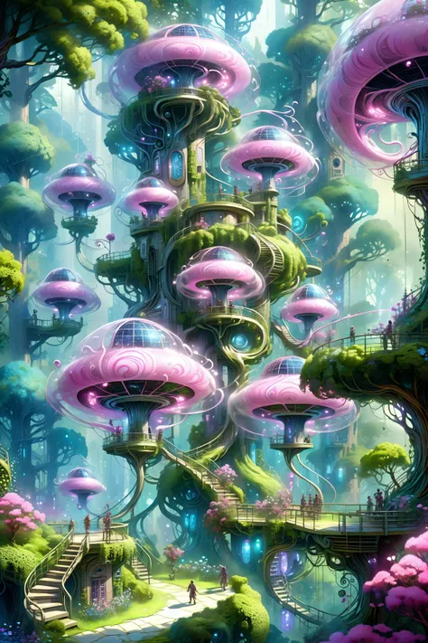 (floating_translucent_arcane_swirls:1.2), mist, blue_magic_glow, dense forest, villeage, futuristic tree houses, solar-punk, people doing chores, , bush, flowers, ivy, vines,  <lora:add-detail-xl:1> misc, <lora:Elemental Wisps:0.7> DonMW15pXL <lora:EnvyBiophilicXL01:0.8> <lora:Retro_Illustration:1> 2d game scene, oil and watercolor painting, (masterpiece:1.2), best quality, (hyperdetailed, highest detailed:1.2), high resolution textures, <lora:EnvyBetterHiresFixXL01:1>