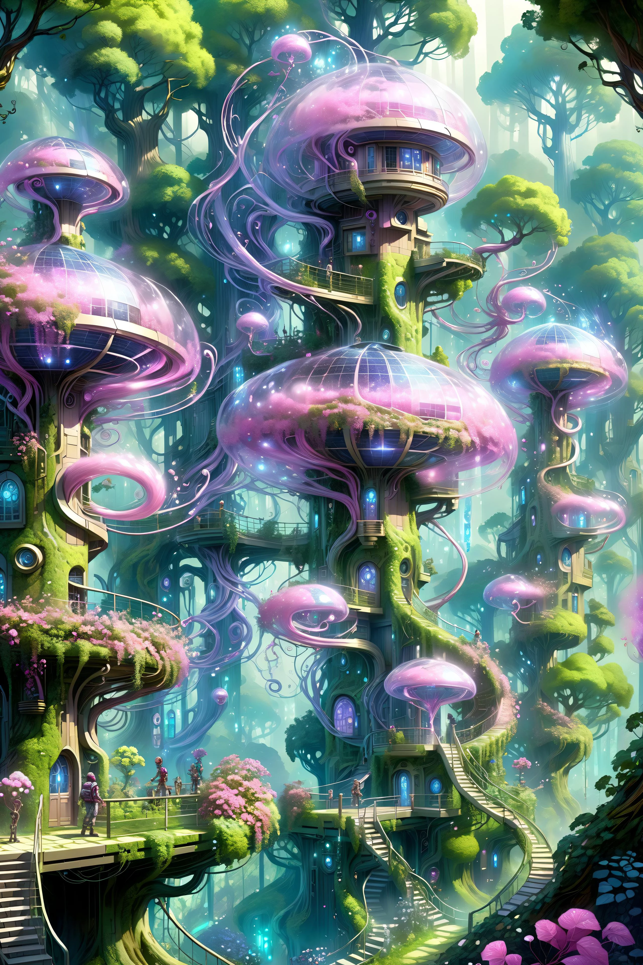 (floating_translucent_arcane_swirls:1.2), mist, blue_magic_glow, dense forest, villeage, futuristic tree houses, solar-punk, people doing chores, , bush, flowers, ivy, vines, <lora:add-detail-xl:1> misc, <lora:Elemental Wisps:0.7> DonMW15pXL <lora:EnvyBiophilicXL01:0.8> <lora:Retro_Illustration:1> 2d game scene, oil and watercolor painting, (masterpiece:1.2), best quality, (hyperdetailed, highest detailed:1.2), high resolution textures, <lora:EnvyBetterHiresFixXL01:1>