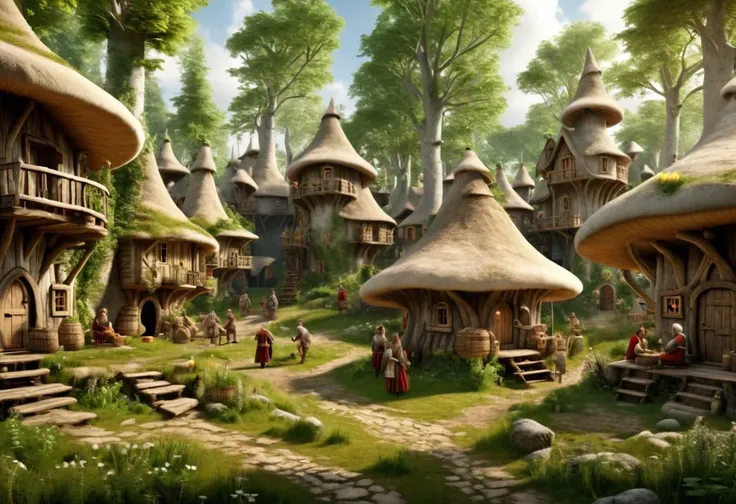 ((((assembly of medieval fantasy people)))) in a village of mushroom-houses, in an old forest, ((((Ultra-HD-photo-same-realistic-quality-details)))), intricate details, panoramic view