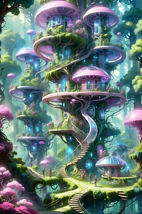 (floating_translucent_arcane_swirls:1.2), mist, blue_magic_glow, dense forest, villeage, futuristic tree houses, solar-punk, people doing chores, , bush, flowers, ivy, vines,  <lora:add-detail-xl:1> misc, <lora:Elemental Wisps:0.7> DonMW15pXL <lora:EnvyBiophilicXL01:0.8> <lora:Retro_Illustration:1> 2d game scene, oil and watercolor painting, (masterpiece:1.2), best quality, (hyperdetailed, highest detailed:1.2), high resolution textures, <lora:EnvyBetterHiresFixXL01:1>