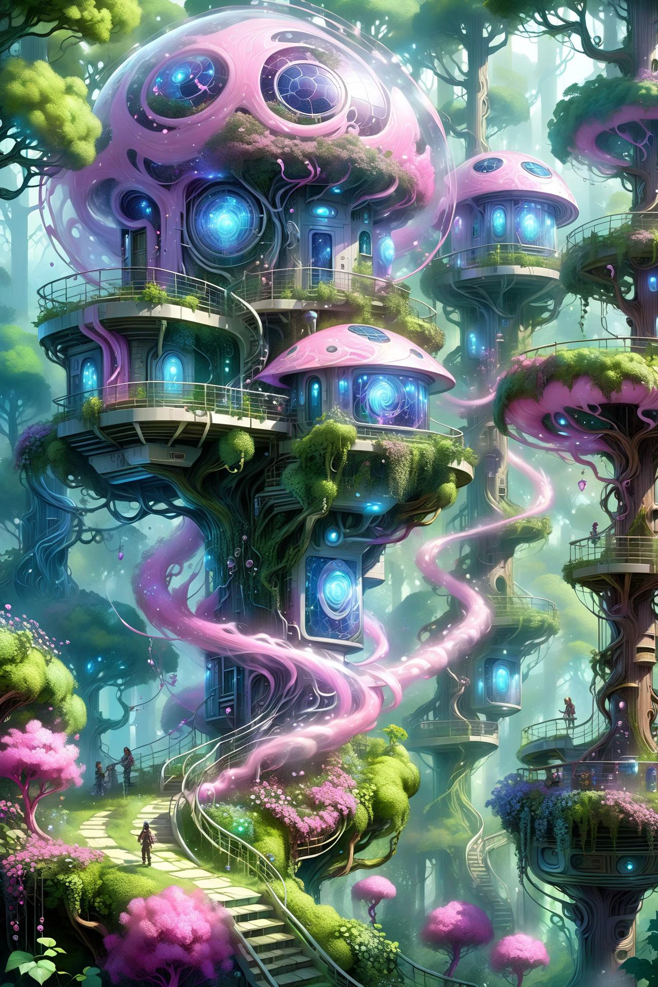 (floating_translucent_arcane_swirls:1.2), mist, blue_magic_glow, dense forest, villeage, futuristic tree houses, solar-punk, people doing chores, , bush, flowers, ivy, vines, <lora:add-detail-xl:1> misc, <lora:Elemental Wisps:0.7> DonMW15pXL <lora:EnvyBiophilicXL01:0.8> <lora:Retro_Illustration:1> 2d game scene, oil and watercolor painting, (masterpiece:1.2), best quality, (hyperdetailed, highest detailed:1.2), high resolution textures, <lora:EnvyBetterHiresFixXL01:1>