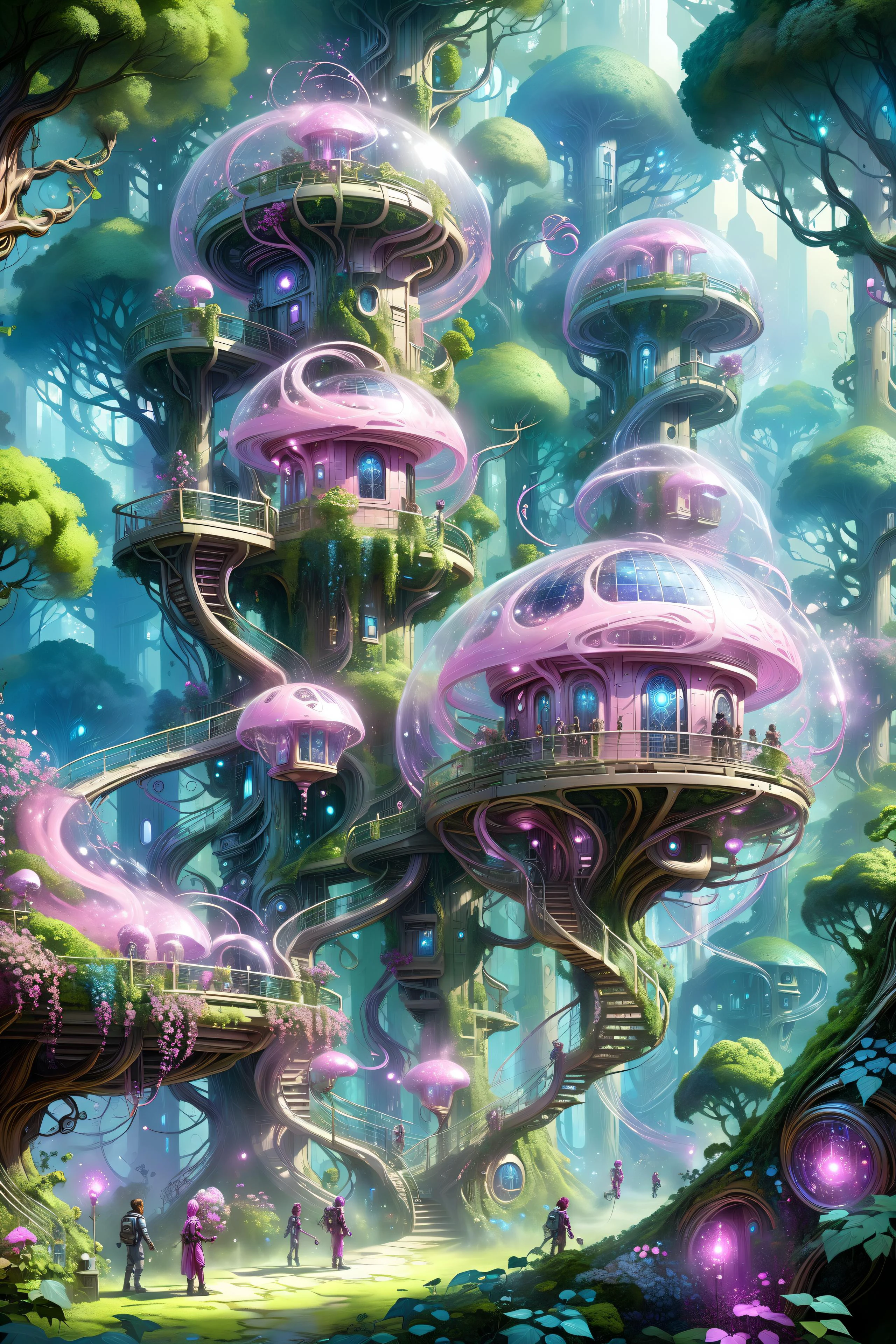 (floating_translucent_arcane_swirls:1.2), mist, blue_magic_glow, dense forest, villeage, futuristic tree houses, solar-punk, people doing chores, , bush, flowers, ivy, vines, <lora:add-detail-xl:1> misc, <lora:Elemental Wisps:0.7> DonMW15pXL <lora:EnvyBiophilicXL01:0.8> <lora:Retro_Illustration:1> 2d game scene, oil and watercolor painting, (masterpiece:1.2), best quality, (hyperdetailed, highest detailed:1.2), high resolution textures, <lora:EnvyBetterHiresFixXL01:1>