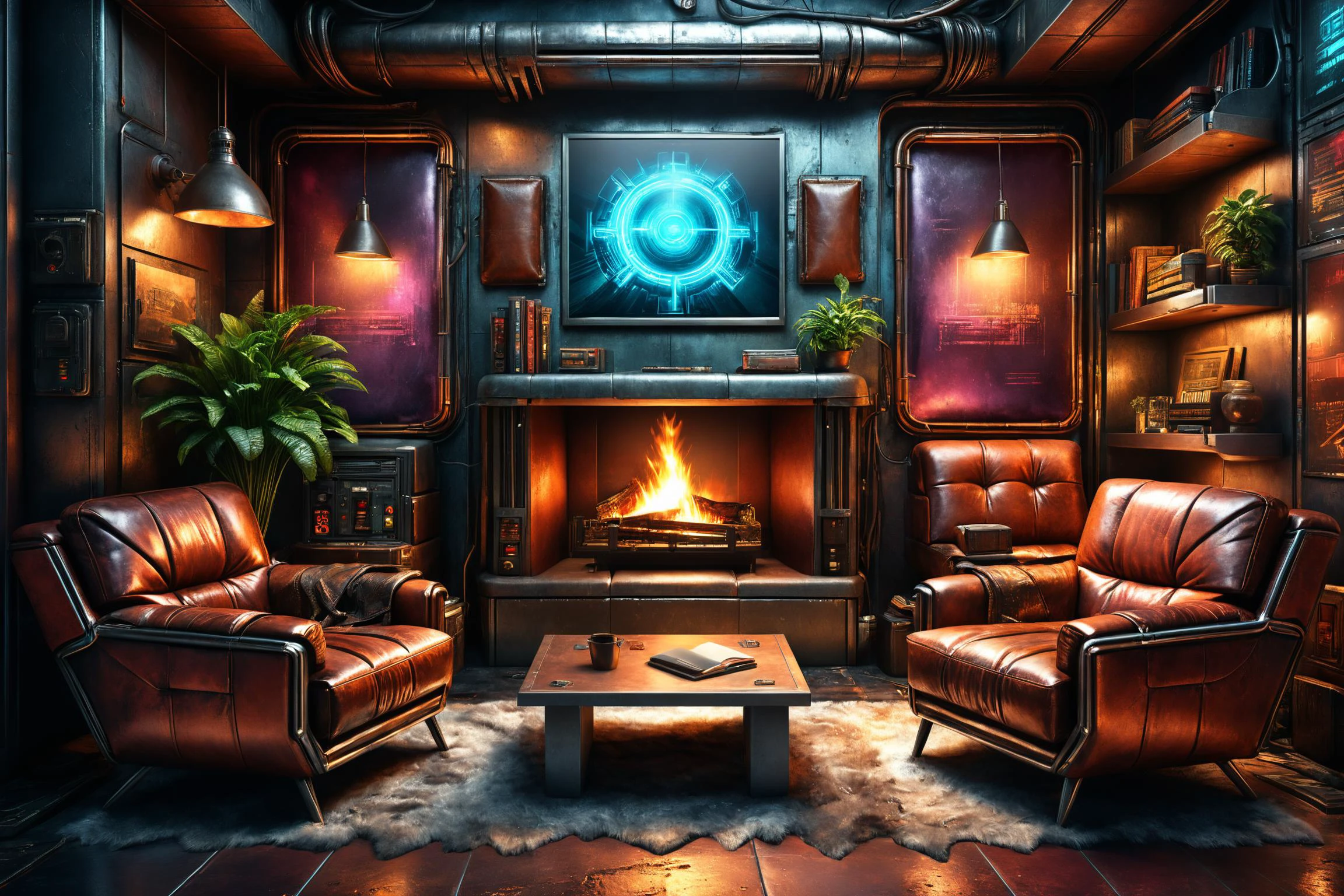 photorealistic, detailed digital illustration of a Cyberpunk Fireside nook with worn leather armchairs, <lora:EnvyCozyXL01:0.7>, <lora:xl_more_art-full_v1:0.7>, <lora:EnvyBiophilicXL01:0.7>