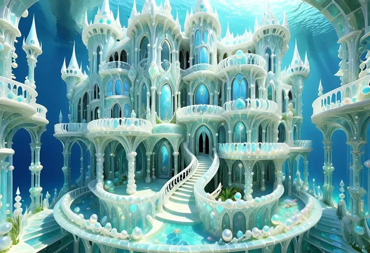 OpalPearl, fantasy castle, ((made of round pearls ))  columns, arcs, wavy columns, balconies, stairs, wide windows, biopunk, lightweight, weightless, see through