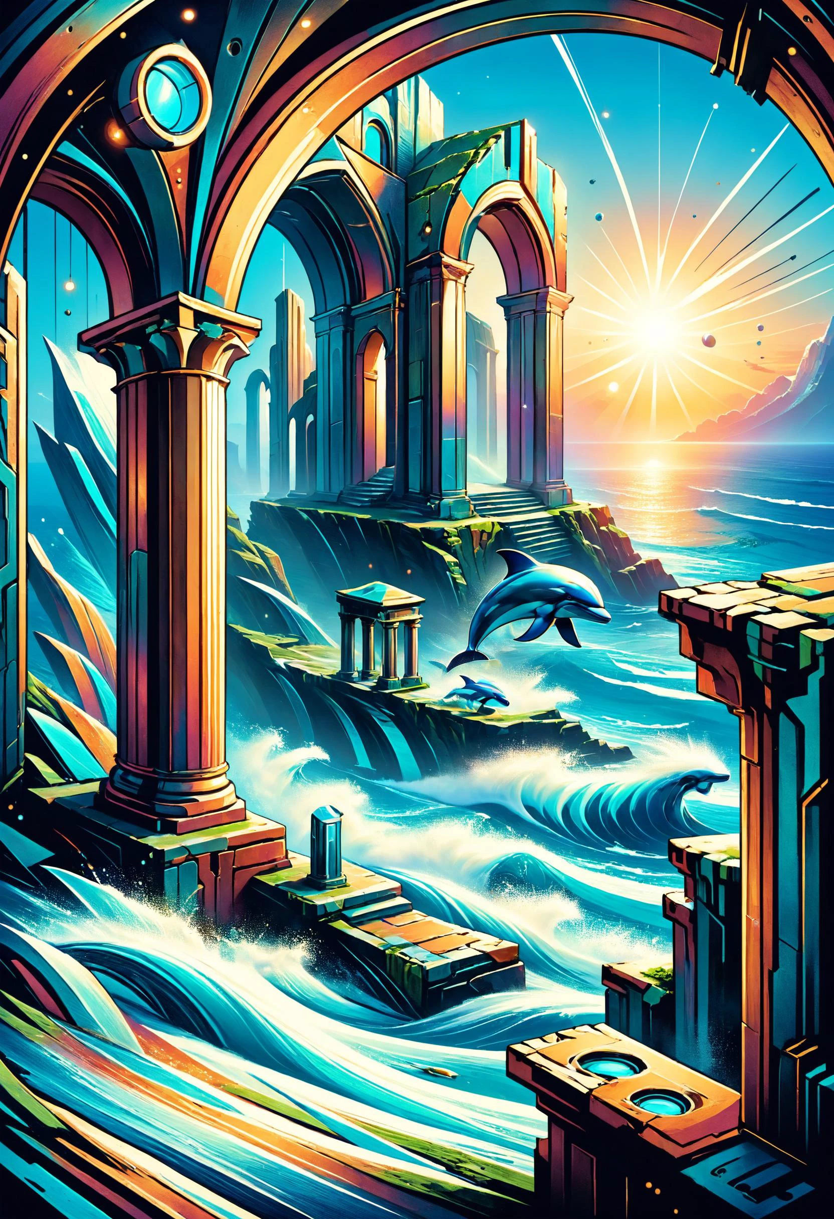 A cliff-top ruin with weathered columns and arches, overlooking a vast expanse of sea where dolphins play, Galactic trader specializing in ancient relics in the foreground, <lora:ColorART:0.7> ColorART, <lora:Futuristic_Cubism_Style:0.8>, <lora:EnvyBiophilicXL01:0.7>, <lora:MJ52:0.4>