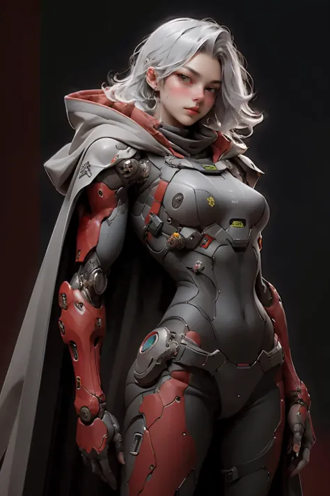 absurdres,1girl BREAK android,(grey cybersuit),(black upper armor),mechanical arms,machinery,prosthesis,solo,silver hair,long hair,cloak BREAK looking at viewer,hand on hip,contrapposto,(red background:1.2),<lora:nijiarmor_v2:0.8>,<lora:OC:0.4>,