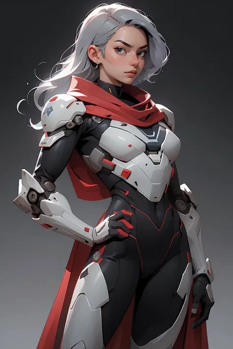 Comic book style, absurdres,1girl BREAK android,(grey cybersuit),(black upper armor),mechanical arms,machinery,prosthesis,solo,silver hair,long hair,cloak BREAK looking at viewer,hand on hip,contrapposto,(bule background:1.2) ,<lora:nijiarmor_v2:0.8>,<lora:GoodHands-beta2:1>,