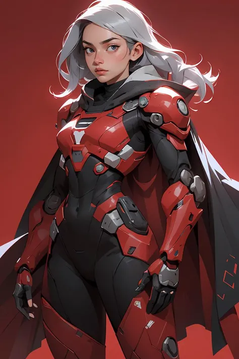 Comic book style, absurdres,1girl BREAK android,(grey cybersuit),(black upper armor),mechanical arms,machinery,prosthesis,solo,silver hair,long hair,cloak BREAK looking at viewer,hand on hip,contrapposto,(red background:1.2) ,<lora:nijiarmor_v2:0.8>,<lora:GoodHands-beta2:1>,
