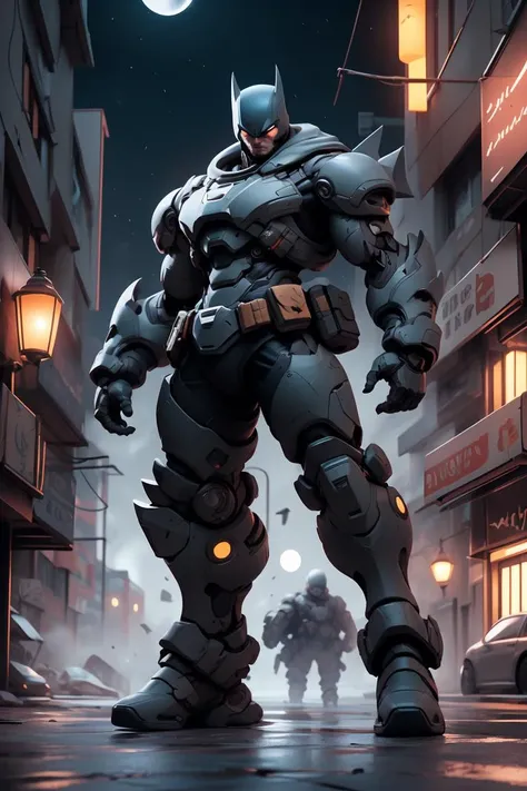 absurdres, 1boy, (at night:1.4), dark alley, moon, BREAK grey (android (batman:0.8)) in (matte black hardsuit:1.2), military, roughed up, mechanical arms, city fog, (glowing white eyes) , <lora:nijiarmor_anime_v2:0.7>