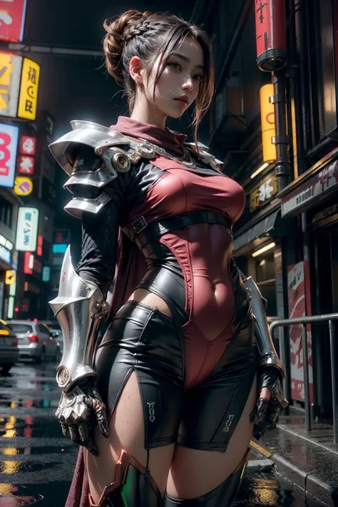 (realistic:1.3), finely detailed, quality, rembrandt lighting, (masterpiece:1.2), (photorealistic:1.2), (best quality), (detailed skin:1.3), (intricate details), dramatic, ray tracing, 1girl, Japanese girl, 21 years old, updo hair, medium breasts, android, shoulder armor, upper armor, full armor, mechanical arms, neo-tokyo, cyberpunk, neon lights, (vibrant colors), rain, water, wet, puddles, (hero view:1.2), <lora:nijiarmor:0.9>