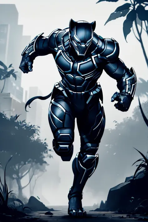 absurdres, BREAK 1boy, (black panther:black exosuit), mechanical arms, full armor, running BREAK  in a jungle, dark night, <lora:nijiarmor_v2:0.9>