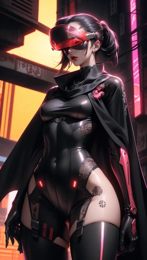 female, cyberpunk scene, woman criminal, dangerous (yakuza:1.2) android (prostitute:1.1),sleek (visor:1.5) hi-tech, glossy black mecha armor bodysuit, detailed silk cape, intricate designer (lingerie:1.2), red lipstick, (neon red sun:1.1), moody night scene, <lora:nijiarmor:0.9>