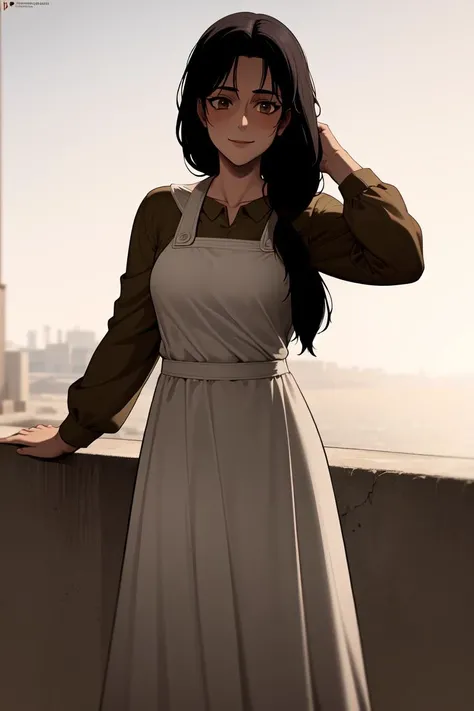 masterpiece, best quality, absurdres, perfect anatomy, 1girl, solo, Carla Yeager, long hair, hair over shoulder, apron, long skirt, smile