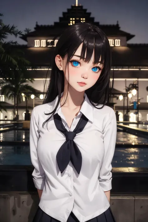 1girl, a beautiful women, school uniforms, seductive expression, heterochromia, upper body , panoramic,  (gedung sate background) , night <lora:bdp_011223_4_gs:1>