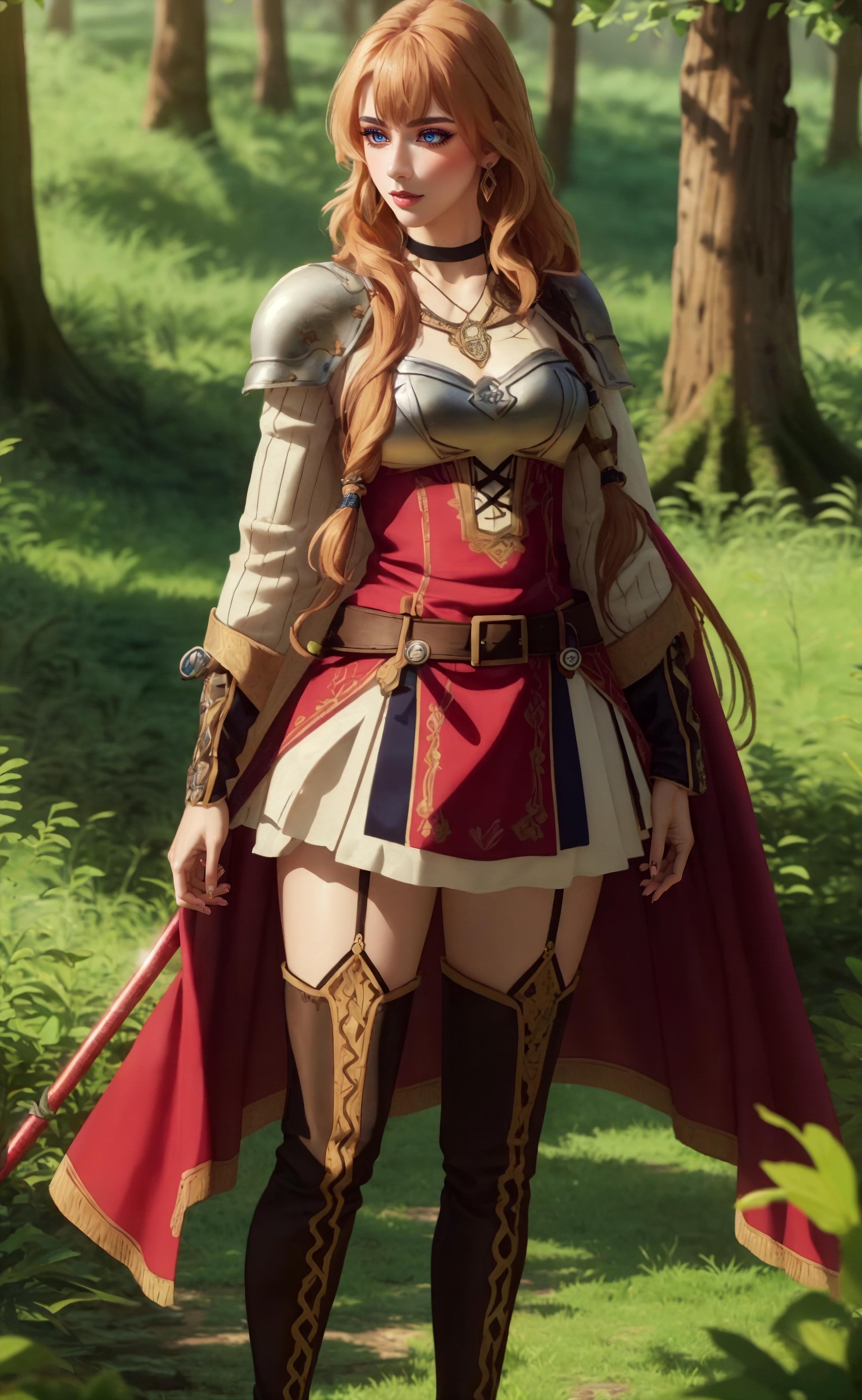 A woman in a red and white outfit holding a sword - SeaArt AI