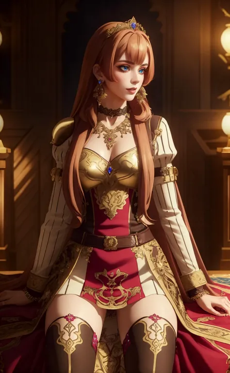 (masterpiece, realistic:1.3), (extremely intricate:1.2), (photorealistic:1.4), (extremely delicate), (ultra realistic:1.3), hyperrealistic photography, extremely detailed CG unity 8k wallpaper, UHD, HDR, RAW photo, dslr, hyperrealistic 3d render, realistic LUT, cinematic LUT, Bright_Front_face_Lighting, (photographed on a Fujifilm GFX 100, 100mm lens, F/2.8 aperture), (medium shot, from below, long angle shot:1.1),
The Crystal Queen: A crystal-encrusted bodysuit with a sheer skirt overlay, adorned with crystal jewelry and a sparkling tiara, Seated on a velvet divan in an opulent ballroom, she emanates regal elegance and sophistication,
<lora:ostris_HDhelper_v10:0.1>, <lora:ostris_detailSlider_v40:2>, (DOF, blurry background, dim light in the back of the character),
<lora:xphg_theRisingOfTheShieldHero_raphtalia_v10:0.7>, long hair, ginger hair, bangs, armor, breastplate, sweater, ribbon, long sleeves, red dress, skirt, (pale skin, detailed skin:1.3, Glossy skin + Shiny skin:1.1), hair ornament, exquisite earrings, necklace, lace choker, gigantic breasts, skinny body, fit body, slim, narrow waist, slim legs, long legs, thighhighs, thigh boots,