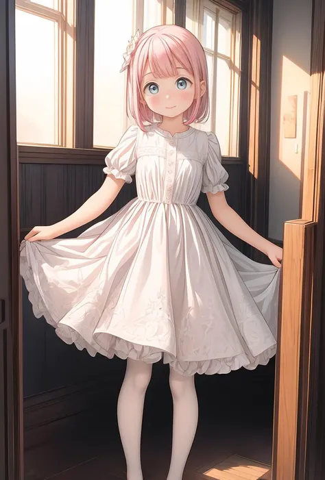 (masterpiece, best quality), 1girl, blue and white frill dress, (white stockings), pink hair, cute face, standing, indoor, intricate detail, sunlight, <lora:add_detail:1>