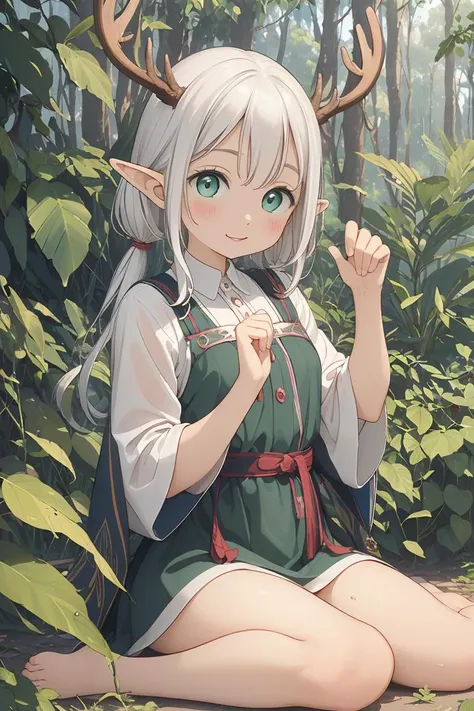 (masterpiece), (best quality:1.2), absurdres, [:intricate details:0.2], solo, ((beautiful detailed eyes)), (detailed light), depth of field, 1girl, ((white hair)), hair between eyes, twintails, (elf ears), ((golden eyes)), glowing eyes, ((aqua_eyes)), blush, ((deer horns)), (priscm;blue:1.5), (priscm;red:1.5), blush, shy, light smile, sitting, barefoot, paw pose, fallig leaves, falling petals, forest, flowers, (priscm;green:1.8), wet, forest landscape, sketch, intense shadows,