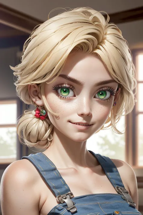 masterpiece, solo, 3dmm, portrait of (MLPAppleJack, Apple Jack:1.1), (cute, adorable, sexy girl:1.2), age 19, (extreme close-up:1.2), (wearing her overalls topless:1.2), (short blonde ponytail with a red hairtie:1.2), (perfect human eyes:1.1), green eyes, perfect face, small white freckles, (mouth open slightly:1.1), (in her farm bedroom:1.2), (portrait lighting:1.2), global illumination, dynamic light, smooth vertex shading, (best quality, masterpiece, 4k, ultra detailed, sharp focus, 8k, high definition, insanely detailed, intricate:1.2) <lora:3DMM_V7:0.65> <lora:mlp_applejack:0.7> <lora:Lit:0.6>