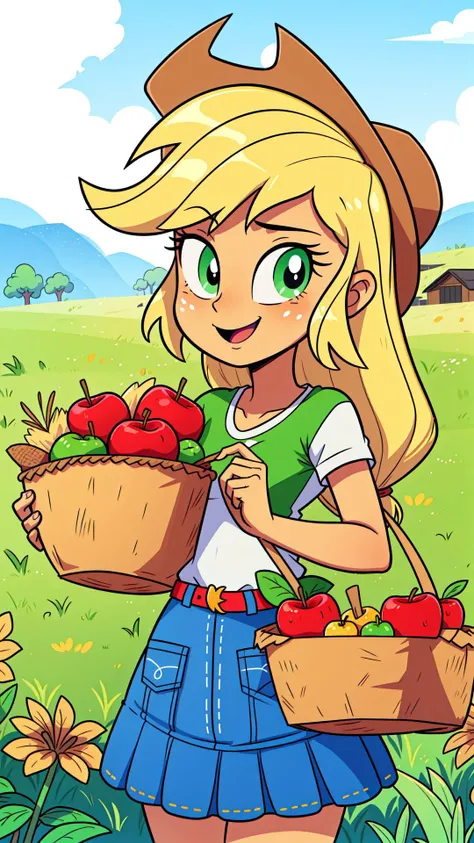 (masterpiece, best quality:1.2),cowboy shot,solo,1girl,mlpapplejack,smile,looking at viewer,low-tied long hair,cowboy hat,shirt,denim skirt,belt,wheat field,<lora:mlp_applejack-10:1>,vector trace,sweat,holding a basket of apples,