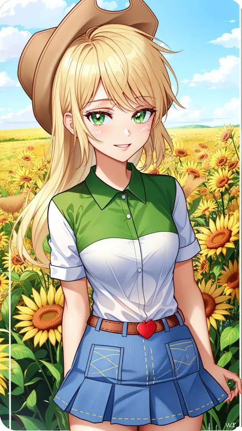 (masterpiece, best quality:1.2),cowboy shot,solo,1girl,mlpapplejack,smile,looking at viewer,low-tied long hair,cowboy hat,shirt,denim skirt,belt,wheat field,<lora:mlp_applejack-10:1>,vector trace,