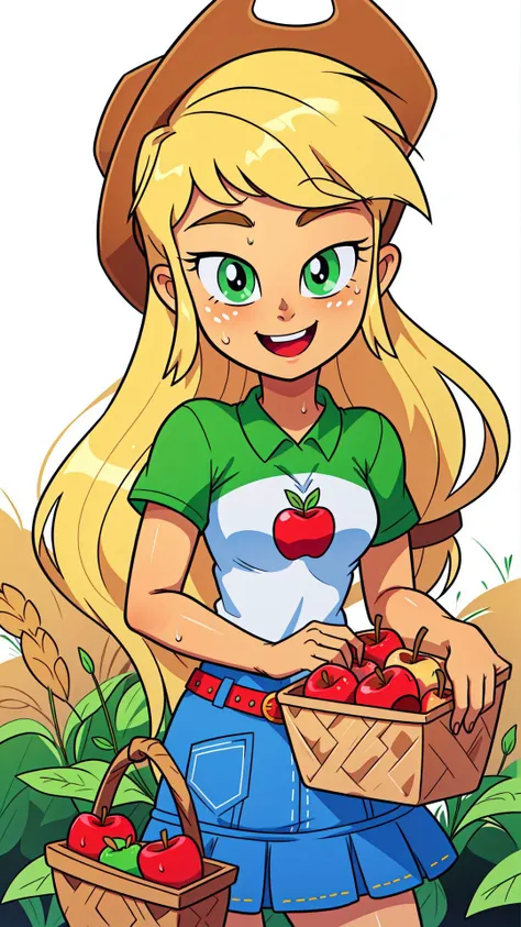 (masterpiece, best quality:1.2),cowboy shot,solo,1girl,mlpapplejack,smile,looking at viewer,low-tied long hair,cowboy hat,shirt,denim skirt,belt,wheat field,<lora:mlp_applejack-10:1>,vector trace,sweat,holding a basket of apples,
