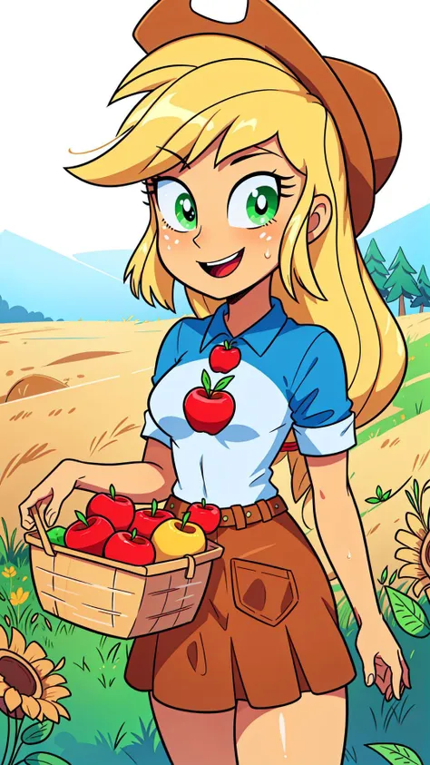 Applejack from Equestria Girls wearing a very tight elegant denim dress and a cowboy hat with a very hairy pussy and makeup looking at the viewer from the front while on her knees sucking a penis for money