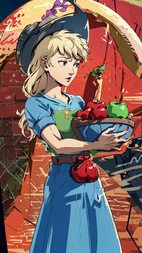 <lora:mlp_applejack:0.8> mlpapplejack, low-tied long hair, (cowboy hat:1.15), shirt, denim skirt, belt, BREAK, <lora:BarbarianT:0.8> BarbarianT, (muscular female:1.15), BREAK, (carrying basket, apple, holding fruit:1.15), masterpiece, best quality, extremely detailed, highly quality, 4k, sharp focus, professional, sharp focus, award winning, cinematic lighting, octane render, unreal engine, volumetrics dtx, Wallpaper,