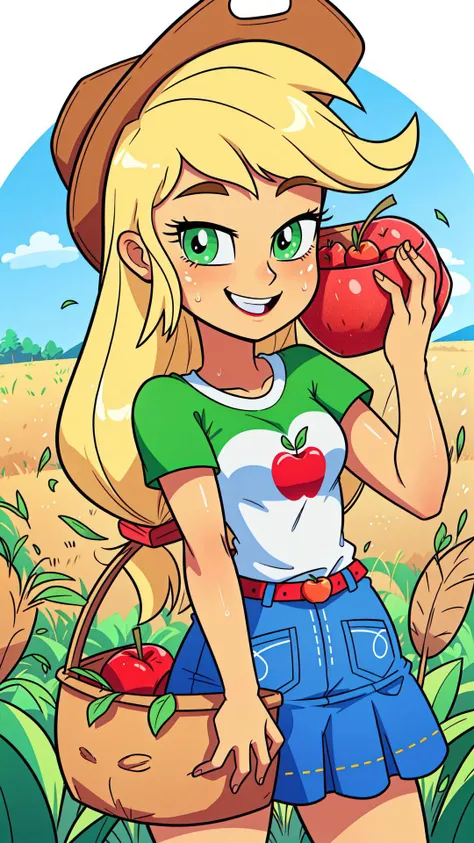 (masterpiece, best quality:1.2),cowboy shot,solo,1girl,mlpapplejack,smile,looking at viewer,low-tied long hair,cowboy hat,shirt,denim skirt,belt,wheat field,<lora:mlp_applejack-10:1>,vector trace,sweat,holding a basket of apples,