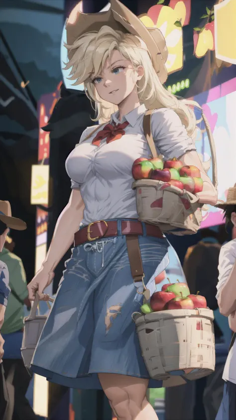 <lora:mlp_applejack:0.8> mlpapplejack, low-tied long hair, (cowboy hat:1.15), shirt, denim skirt, belt, BREAK, <lora:BarbarianT:0.8> BarbarianT, (muscular female:1.15), BREAK, (carrying basket, apple, holding fruit:1.15), masterpiece, best quality, extremely detailed, highly quality, 4k, sharp focus, professional, sharp focus, award winning, cinematic lighting, octane render, unreal engine, volumetrics dtx, Wallpaper,